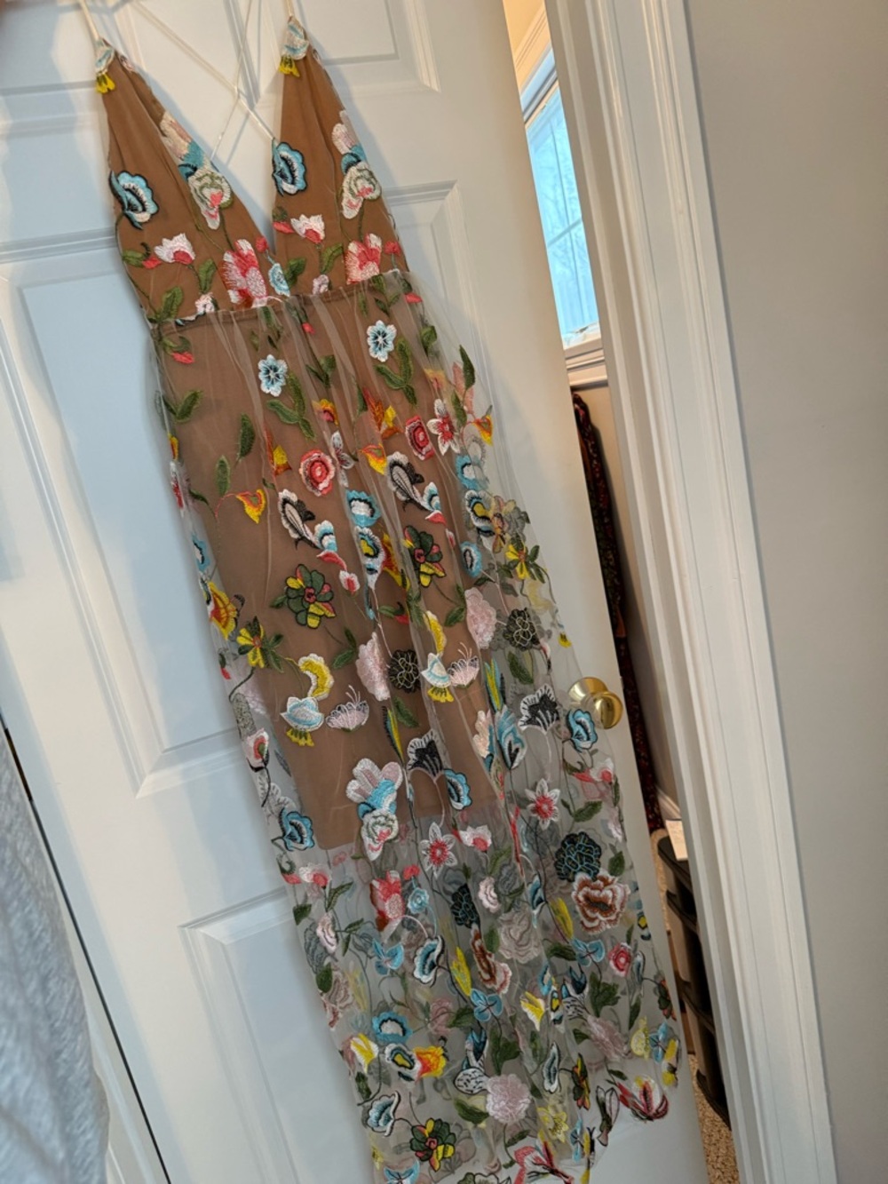 Embroidered Floral Maxi Dress in Nude with Multicolor Flowers